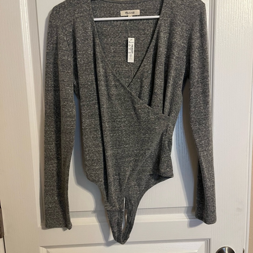 Gray Long Sleeve Wrap Bodysuit